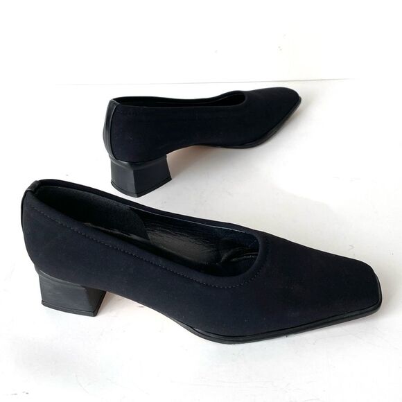 Stuart Weitzman Black Stretch Fabric Pumps Block Heel Sz 8 Office Core Party - Picture 1 of 9
